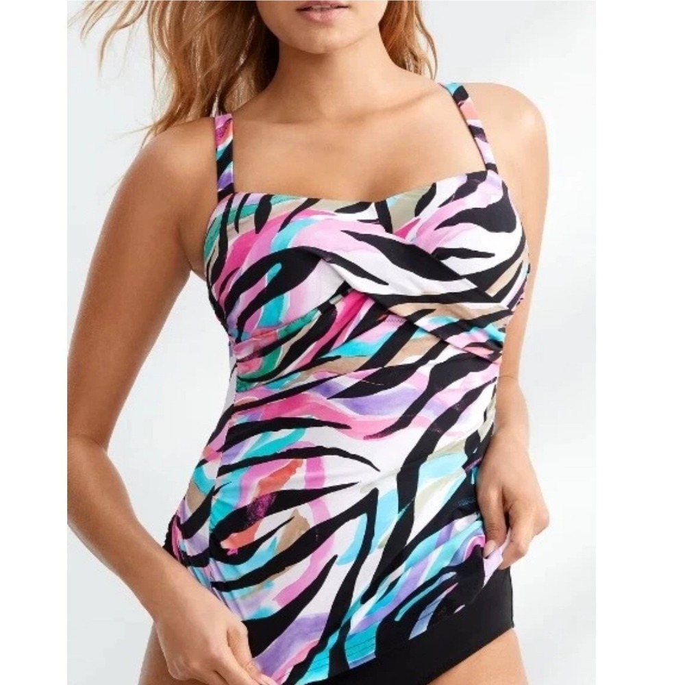 Gottex Profile Women's Multi Color Zebra Print‎ Ruched Swim Tankini Top 36E